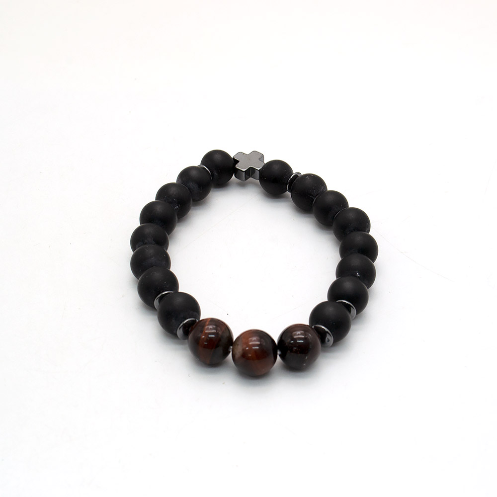 Фото товара браслет из шунгита и бычьего глаза 10 мм с крестиком из гематита