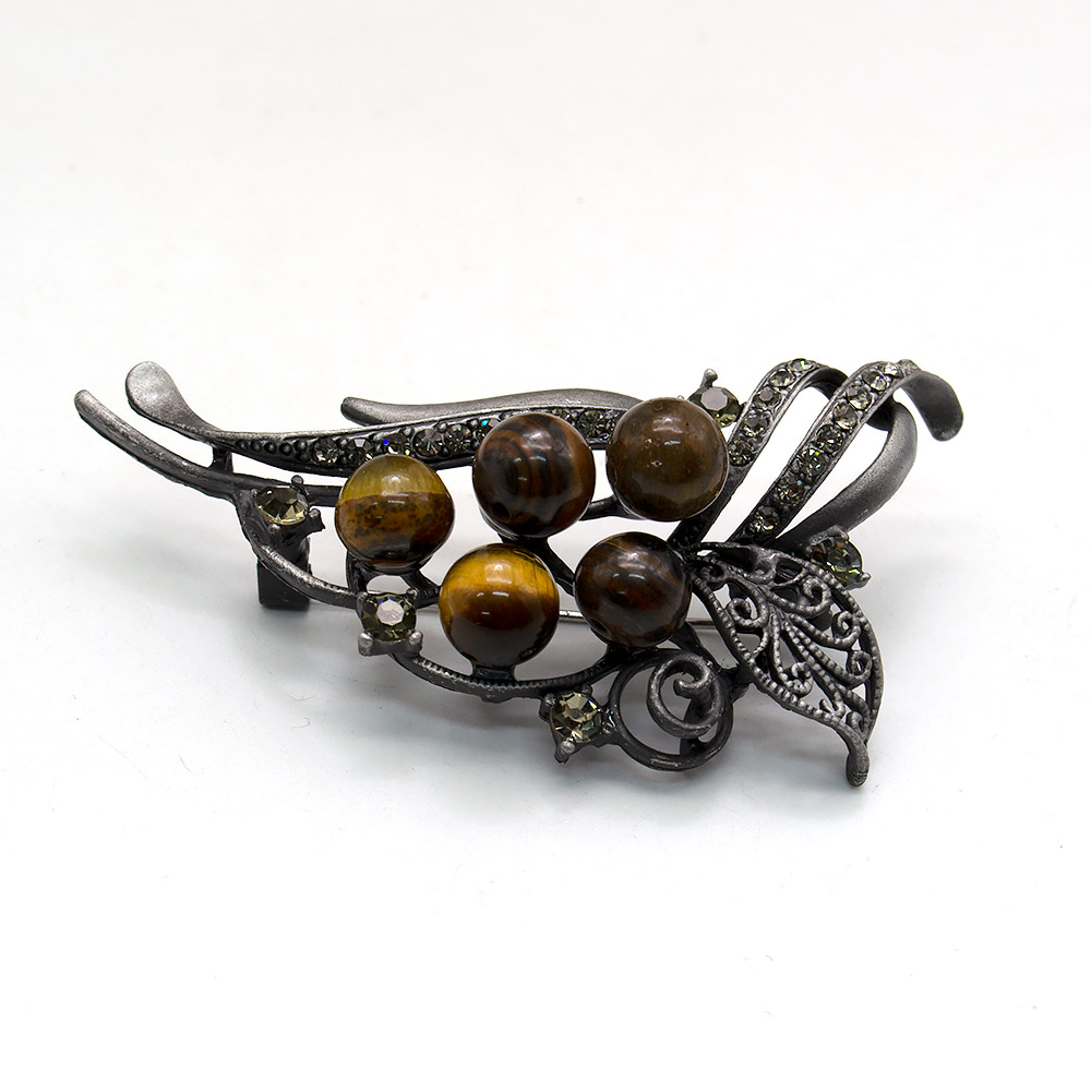 Фото товара брошь "ажурный лист 5 камней" тигровый глаз а0147