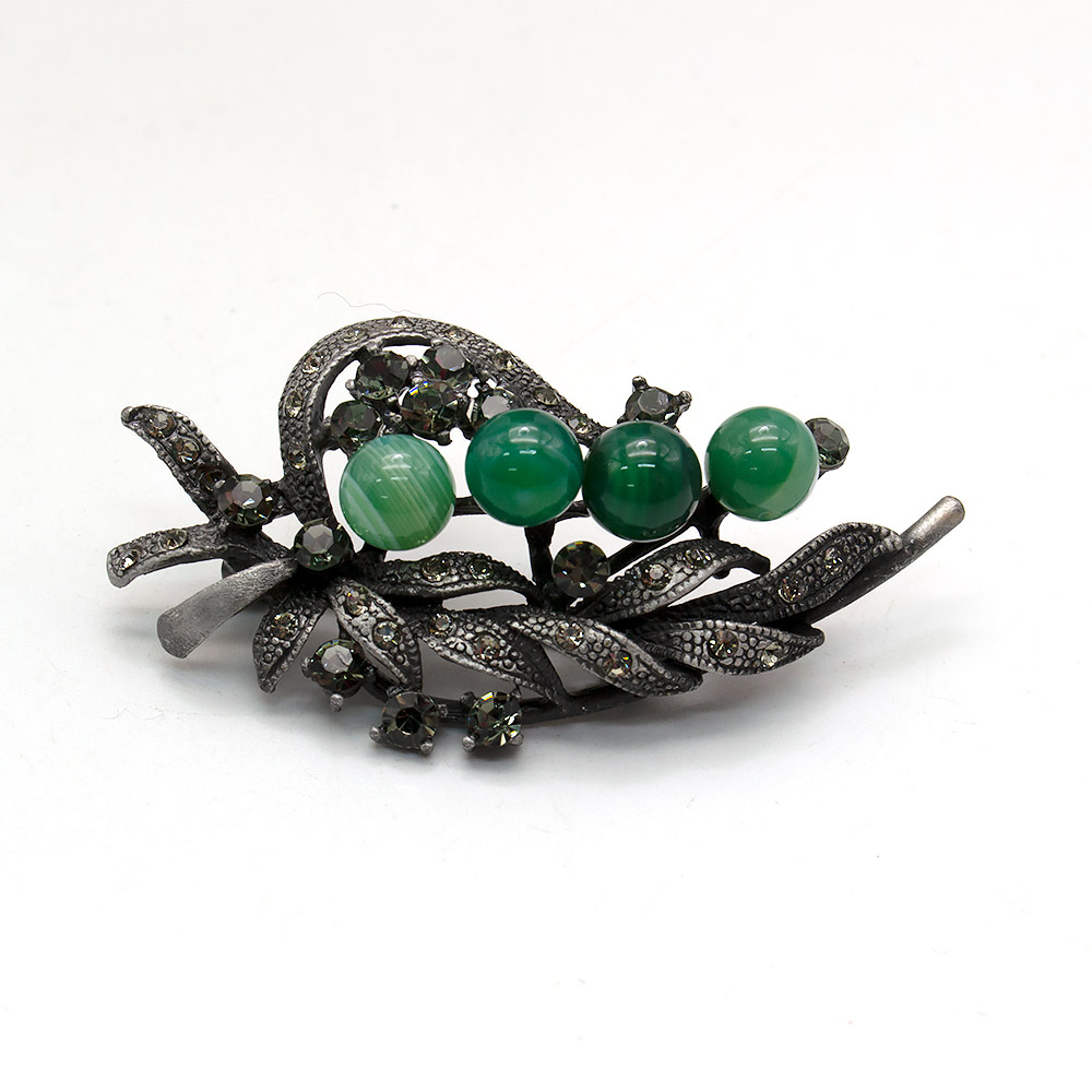 Фото товара брошь "арфа" зеленый агат а0162