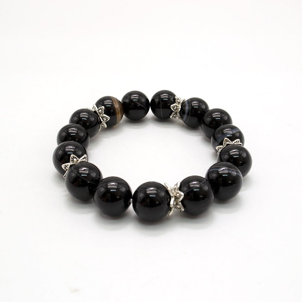 Фото товара браслет из агата черного 12 мм с фурнитурой "цветок"