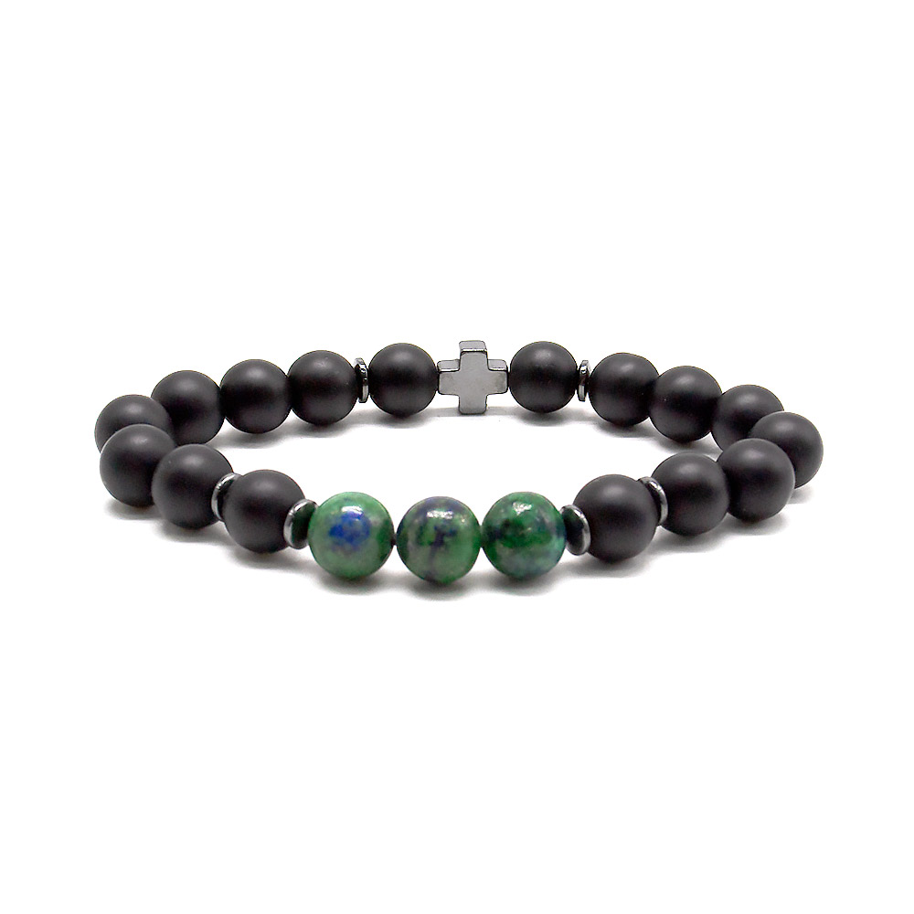 Браслет из шунгита,азурита 10мм с фурнитурой "крестик"