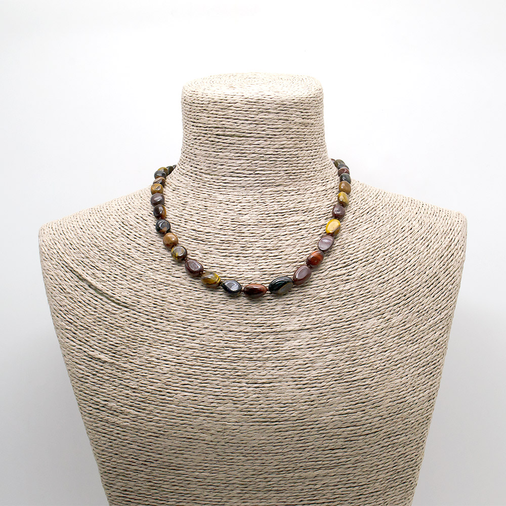 Фото товара бусы из тигрового, бычьего и соколиного глаза галтовка 8*10 мм