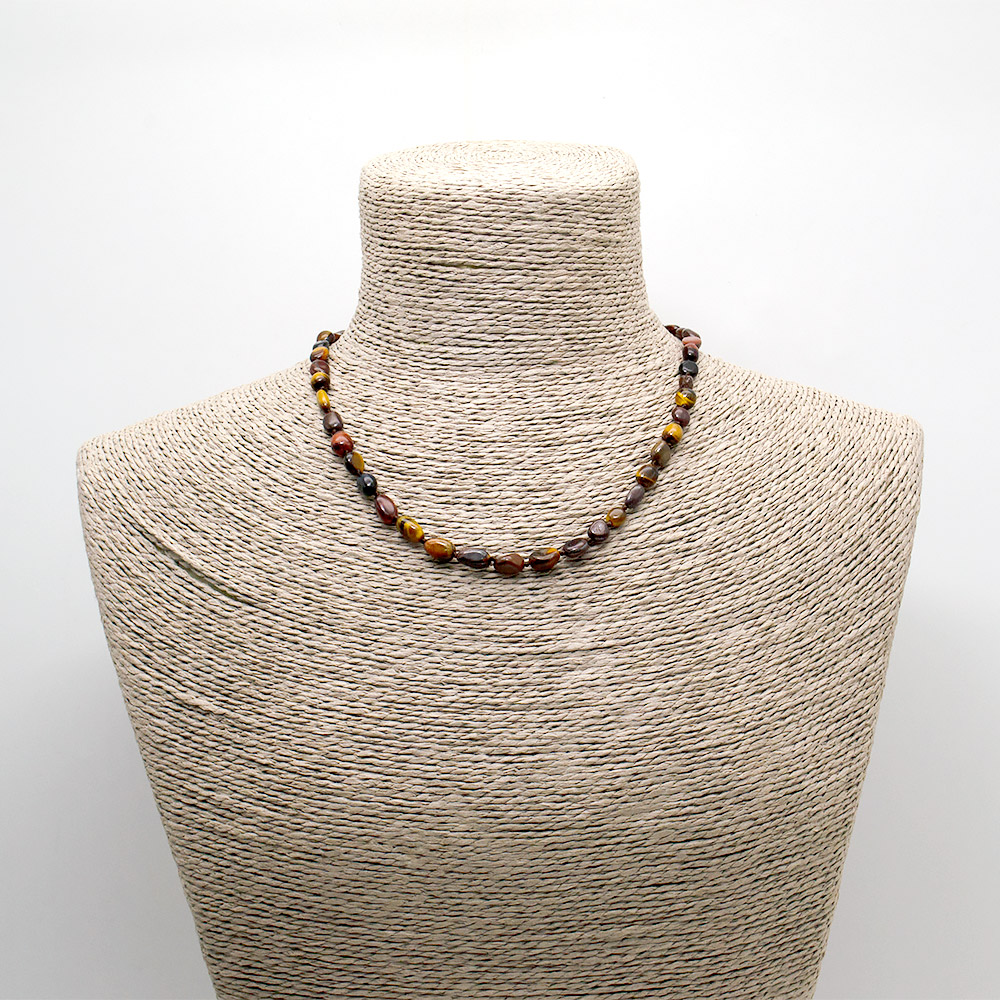 Фото товара бусы из тигрового, бычьего и соколиного глаза галтовка 8*6 мм