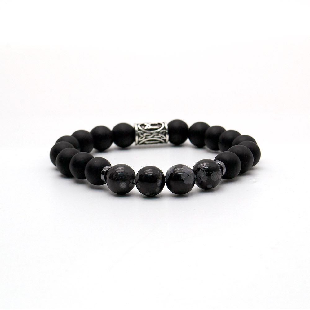 Фото товара браслет из шунгита и снежного обсидиана 10мм с руной