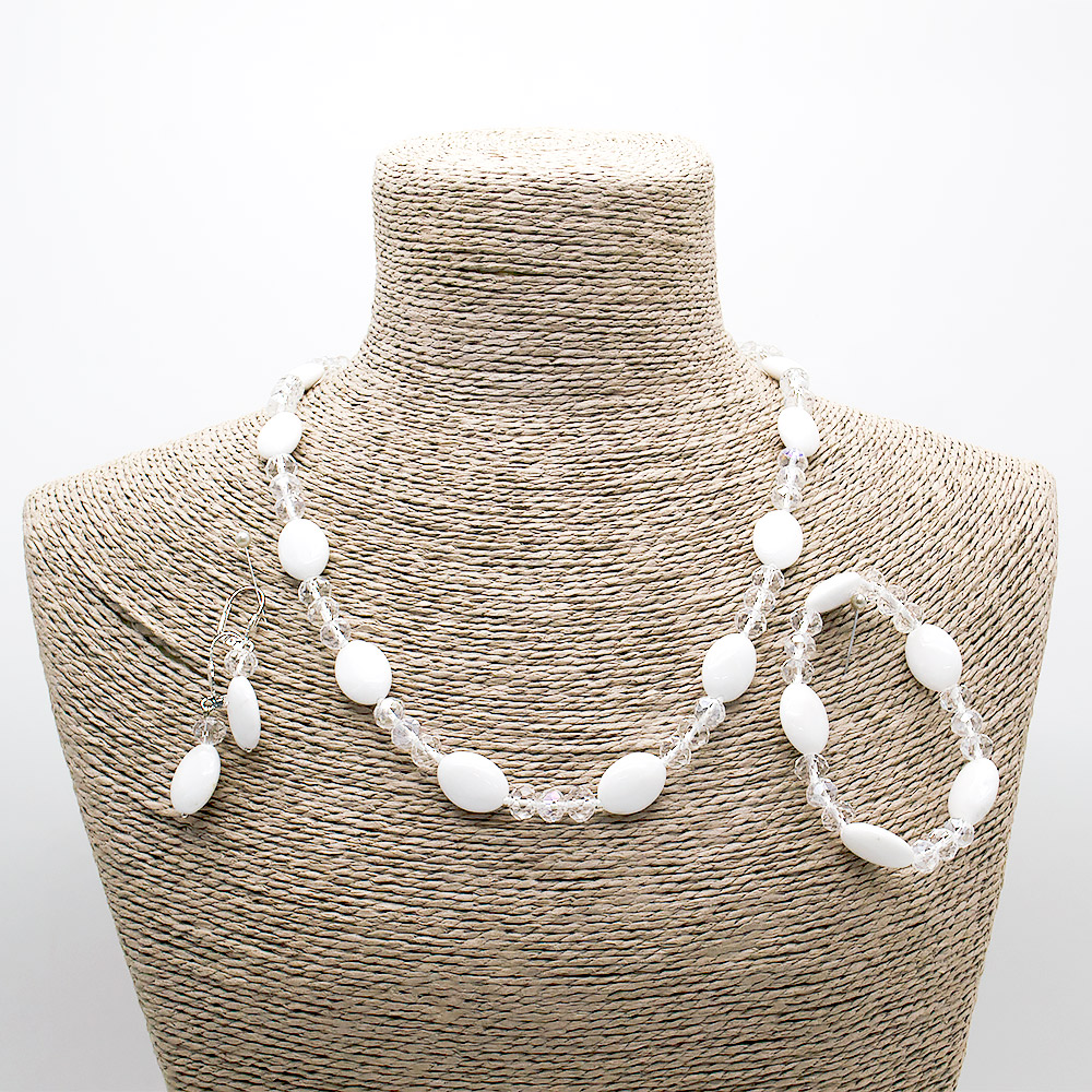 Бусы,браслет,серьги из кахолонга белого таблетка овальная с цирконом